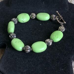 Handmade Light Green Speckled Oval And Small Silver Beaded Hook Closure Bracelet